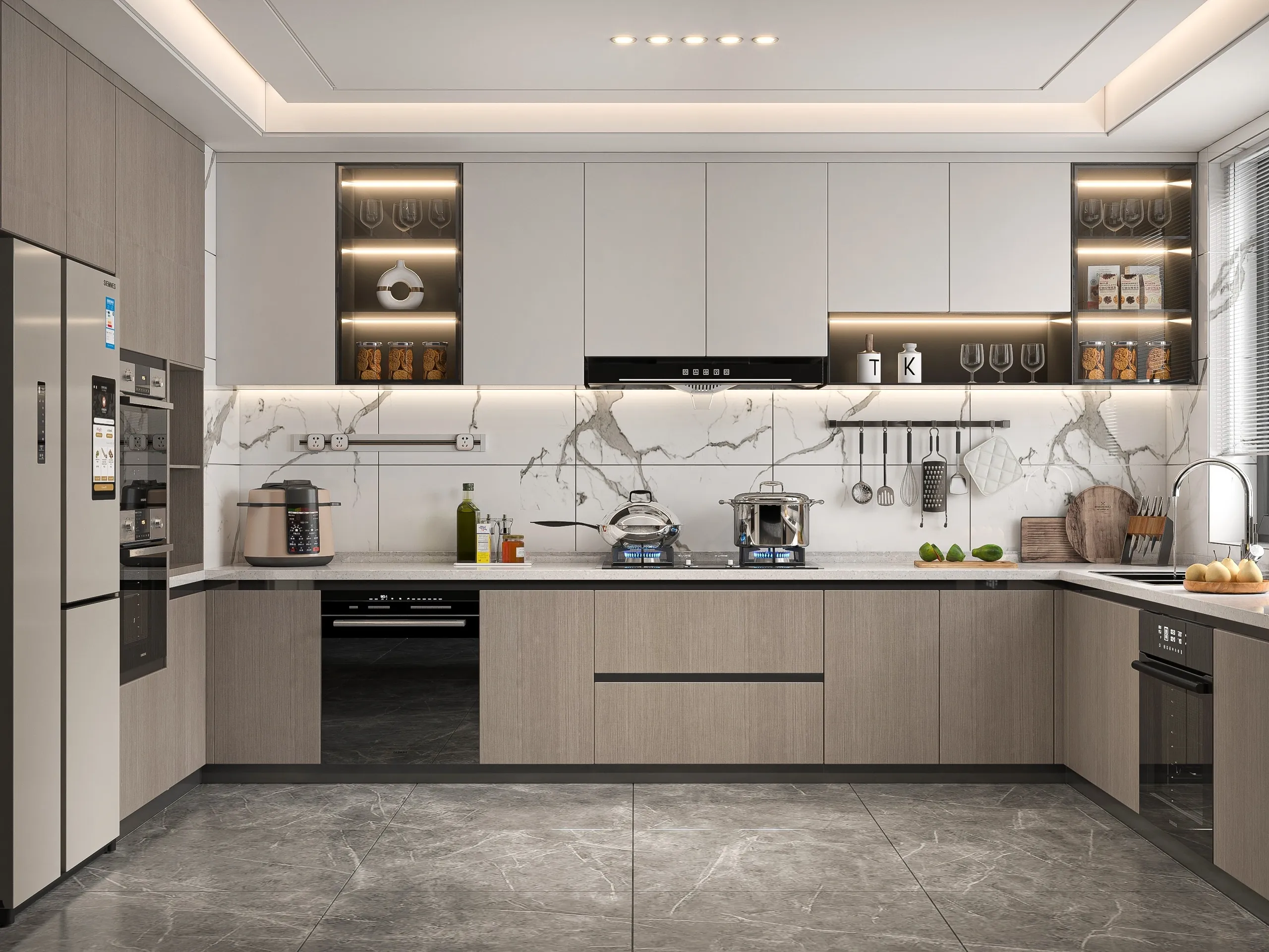 Bright L-shaped kitchen ready for home cleaning
